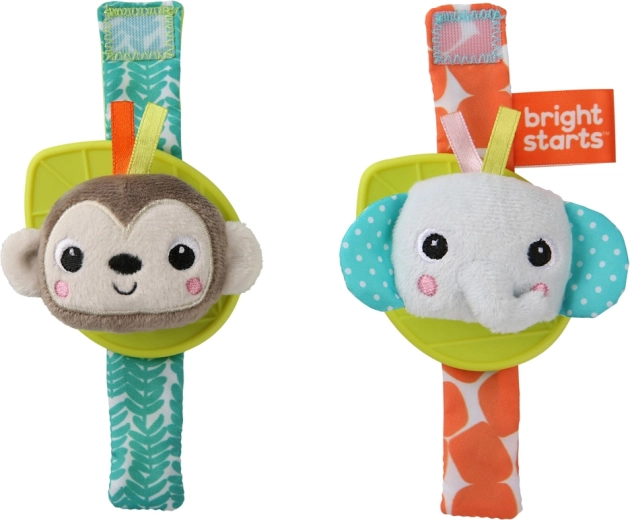 BRIGHT STARTS wrist rattles with teether – monkey and elephant, 2 pcs