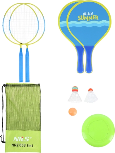 Paplūdimio ir sodo rinkinys 3in1 NILS – badmintonas, raketės ir frisbis