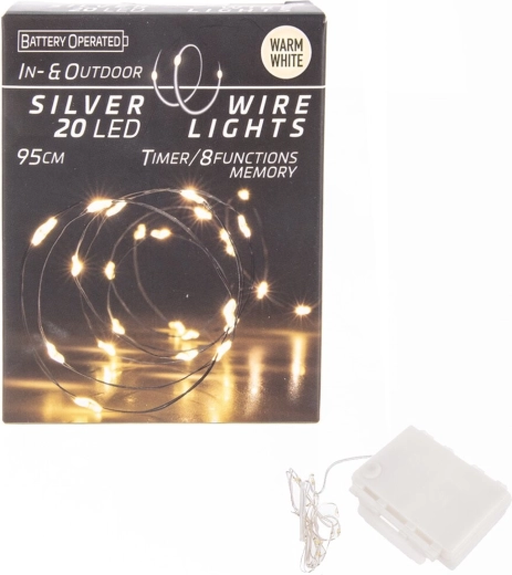 LED šviesos girlianda ant plonos vielutės, 20 geltonų LED su laikmačiu