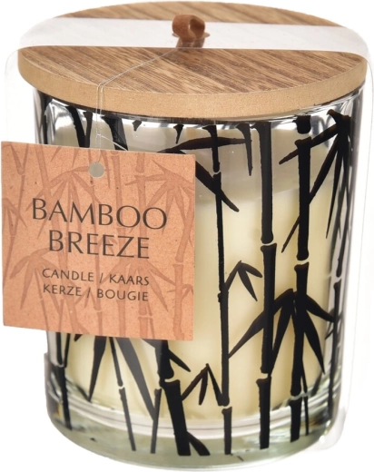 Bambuso aromatinė žvakė stikle ir medyje