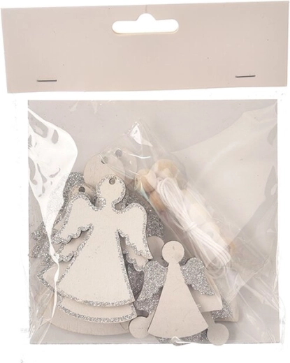 Hanging wooden angel, white-silver, 12 pcs