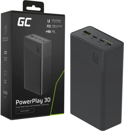 Išorinė baterija 30000 mAh, 22,5 W, 4 prievadai, juoda