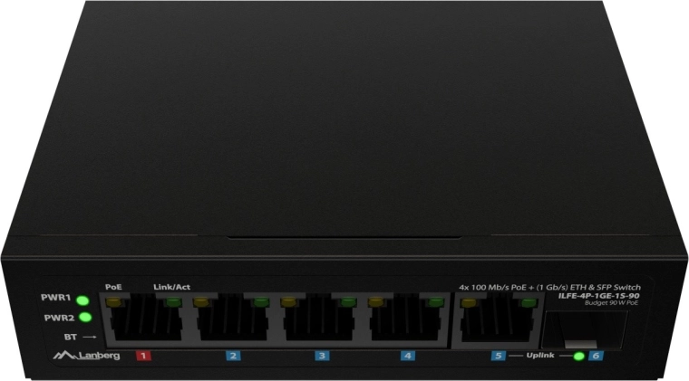 Lanberg lightweight industrial DIN-rail PoE switch 4× Fast Ethernet + 1× Gigabit uplink + 1× SFP (PoE++ 90 W)
