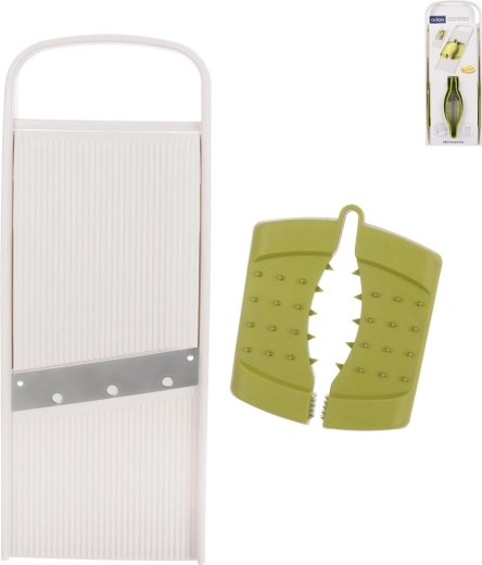 Flat slicer and grater made of plastic and stainless steel