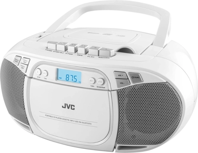 JVC nešiojamas boombox su CD, kasete, Bluetooth ir USB, baltas