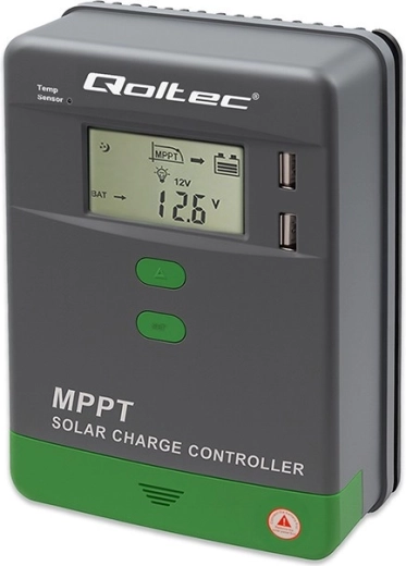 Saulės įkrovimo valdiklis MPPT 10A su LCD, Bluetooth ir temperatūros jutikliu 12/24 V sistemoms, 2× USB, GEL ir LiFePO4 palaikymas
