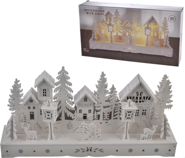 Wooden house with LED lighting, white, 30 cm