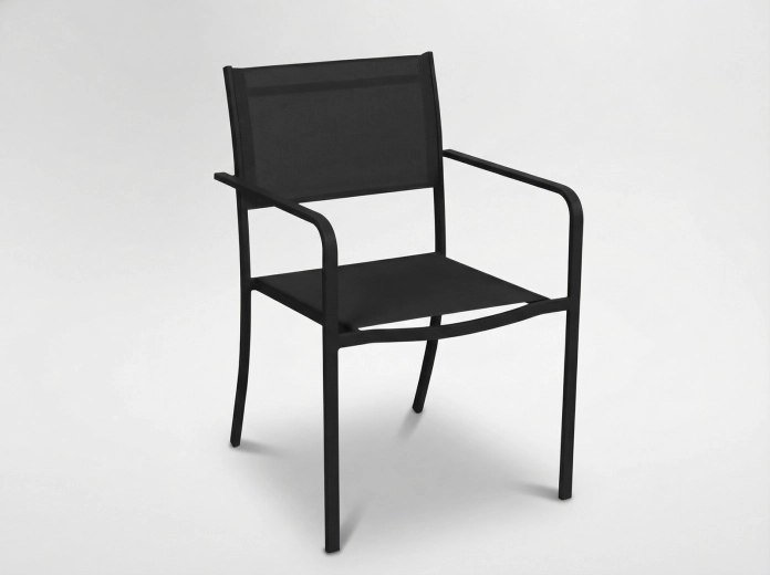 Garden black chair with armrests, steel frame and textile mesh