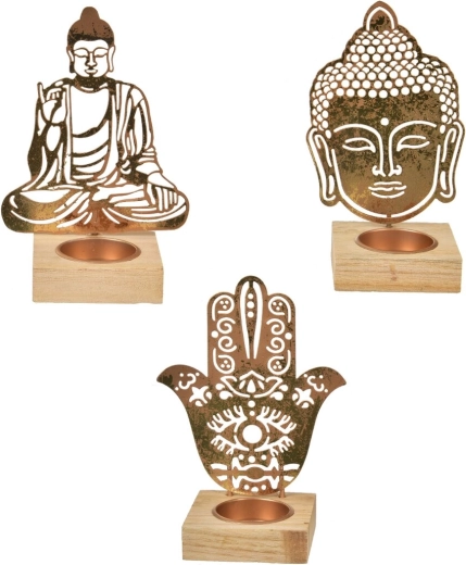 Buddha candle holder made of wood and metal in gold color