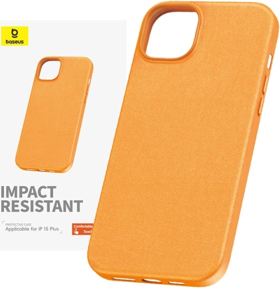 PU odos dėklas BASEUS Fauxther, skirtas iPhone 15 Plus – oranžinis