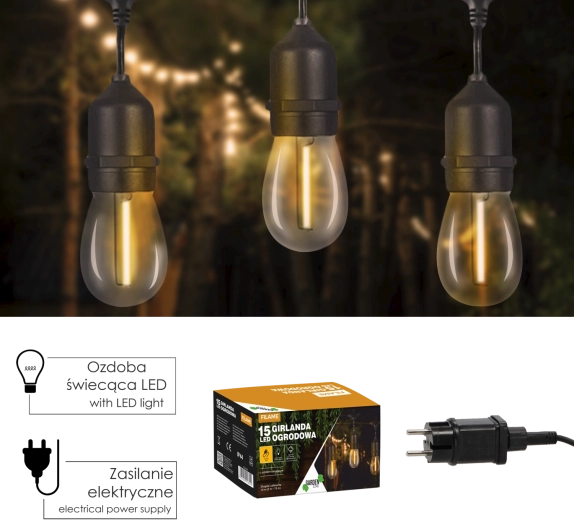 Sodo šviesos girlianda su nuotolinio valdymo pultu 24 V, 18 m, 15 LED šilta balta