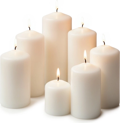 Set of white unscented pillar candles, 7 pcs