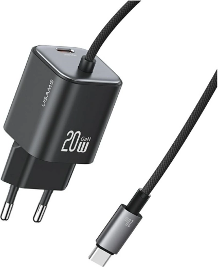 USAMS JC series GaN mini wall charger 20 W with built-in USB‑C cable (2× USB‑C), black