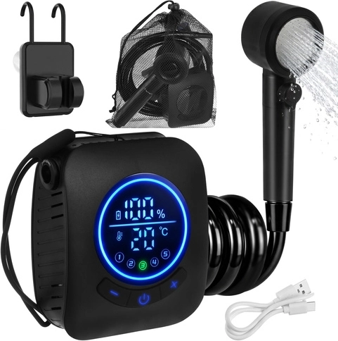 Nešiojamas stovyklavimo dušas TRIZAND 8000 mAh su siurbliu ir LED ekranu, USB, IPX8