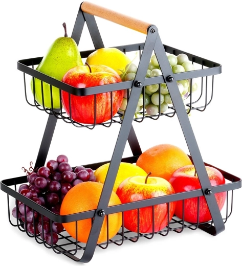 Two-tier metal fruit basket with wooden handle, black