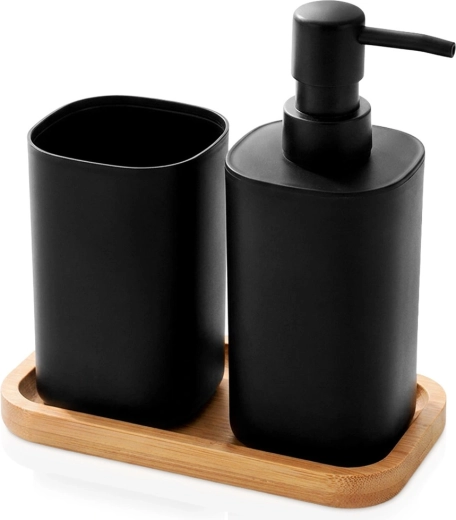 Vonios kambario rinkinys Bathroom Solutions su dozatoriumi ir stiklinele 350 ml, juodas, 3 dalių