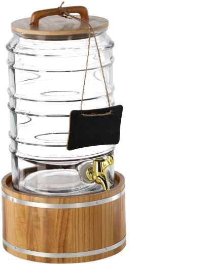Decorative glass beverage dispenser with tap, 7.5 L, on a wooden stand