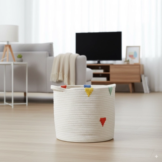 Round textile basket for laundry and toys 27 × 24 cm – white with colorful pattern