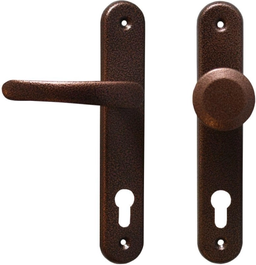 MICHAELA door hardware with lever handle and fixed knob, 90 mm cylinder spacing, copper finish