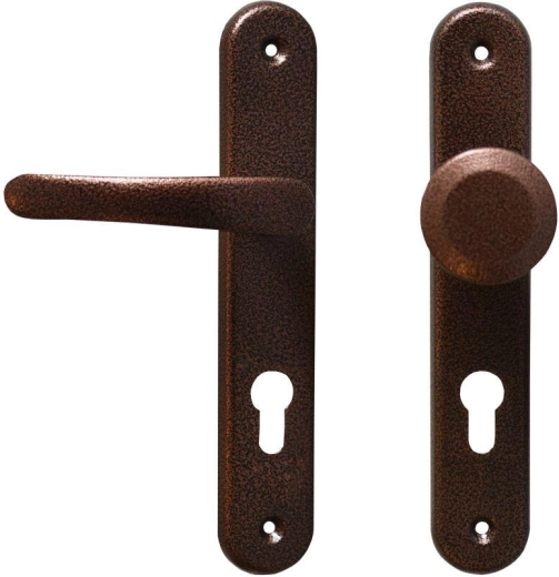 MICHAELA door hardware with lever and fixed knob, 72 mm cylinder spacing, copper finish