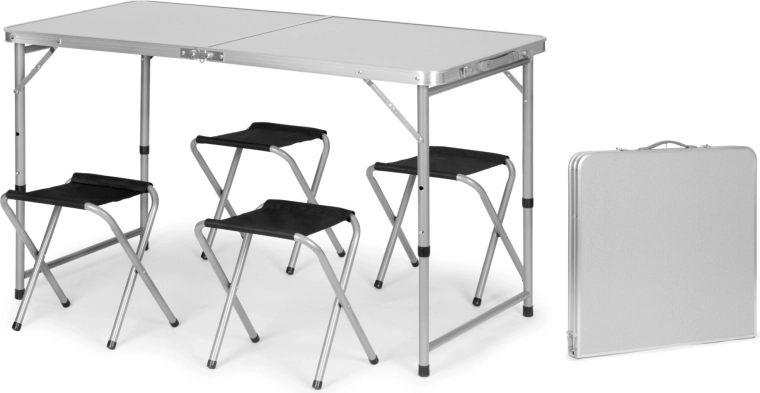 Folding camping table in a suitcase with adjustable height and 4 stools 120 × 60 cm, silver
