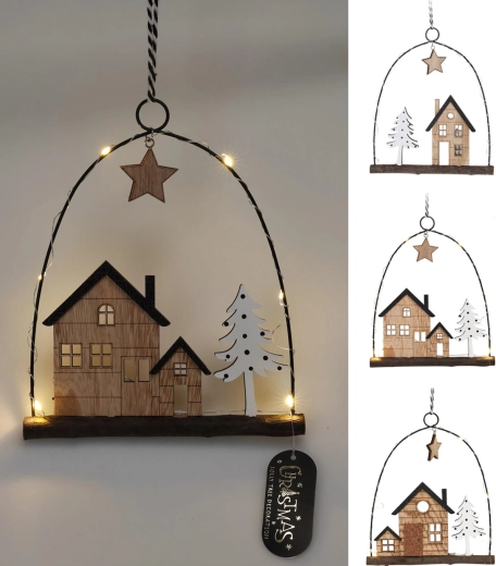Hanging Christmas house decoration with LED, metal and wood, 20.5 cm