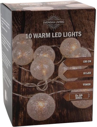 Šviesos girlianda su laikmačiu, 10 LED, šiltai balta, 135 cm, dekoracija su blizgučiais