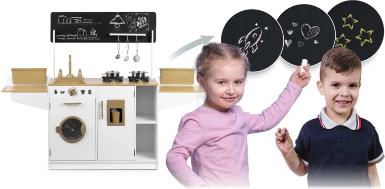 Storage space and chalkboard area