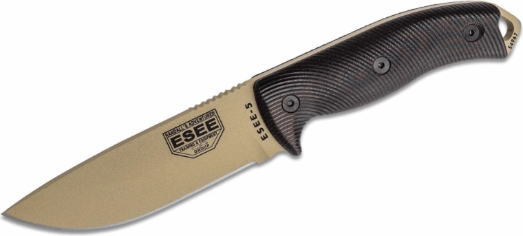 ESEE Model 5 lauko peilis 13,2 cm, juodai–raudonas, smėlio spalvos, G10, Kydex dėklas