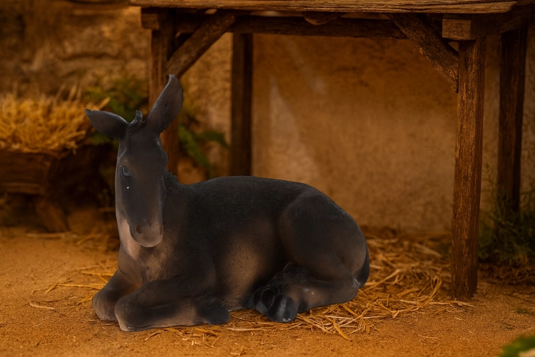 Polyresin lying donkey figurine for nativity scene 14 × 26 × 21 cm