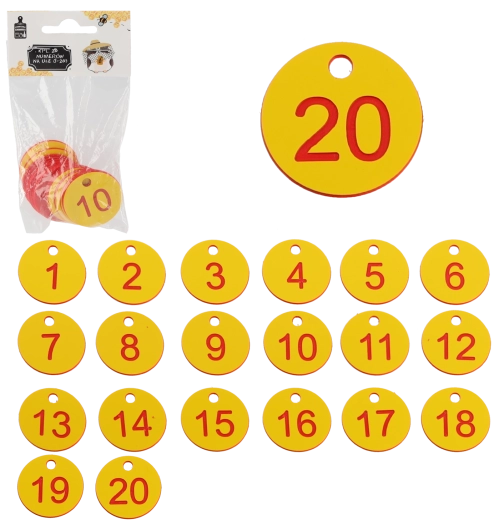 Set of hive numbers 1–20, plastic tokens with 3.5 cm hole
