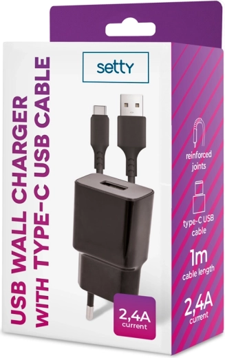 Setty tinklo įkroviklis 1× USB 2,4 A juodas + USB‑C kabelis 1 m