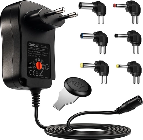 Universal adjustable IZOXIS 30 W 3–12 V mains adapter with USB and 6 tips - 1 piece