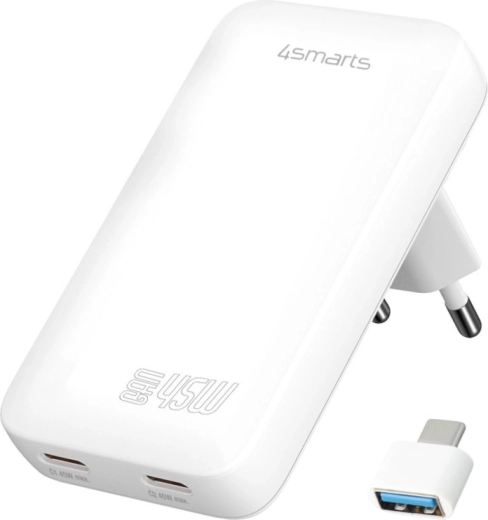Tinklo įkroviklis 4smarts FlatPlug Dual 45 W GaN, 2× USB‑C, baltas