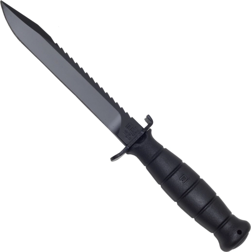 Išgyvenimo peilis Glock FM81 su dantytu nugarėlės kraštu, 16,5 cm, juodas, plastikinis dėklas