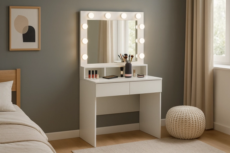White makeup vanity table with LED mirror and compartments