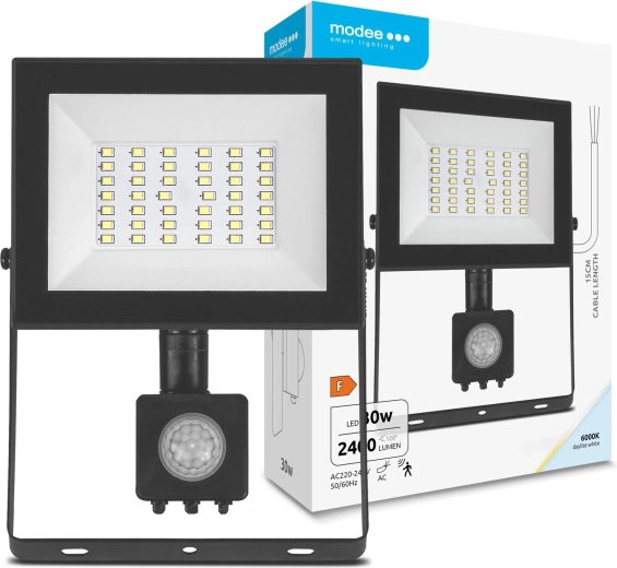 LED floodlight with sensor 30 W, 120°, 2400 lm, 6000 K – MODEE E‑series