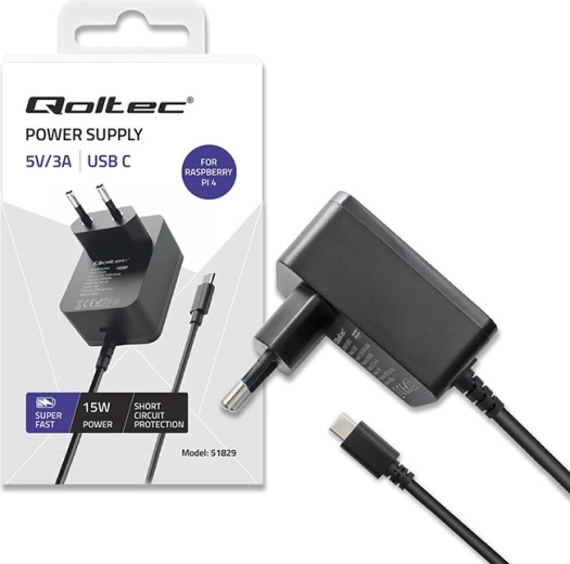 USB‑C 15 W įkroviklis, skirtas Raspberry Pi 4 su Power Delivery – juodas