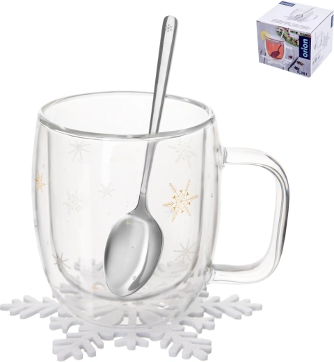 Double-walled borosilicate glass thermal mug Double with snowflake motif, 380 ml, with spoon and coaster