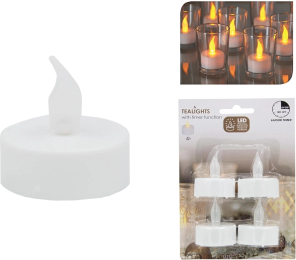 LED arbatinių žvakučių rinkinys su laikmačiu, baltas, skersmuo 3,5 cm (4 vnt.)