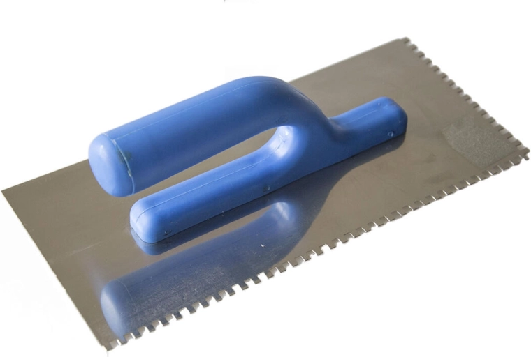 Stainless steel notched trowel with 4 × 4 mm teeth, 270/280 × 130 mm