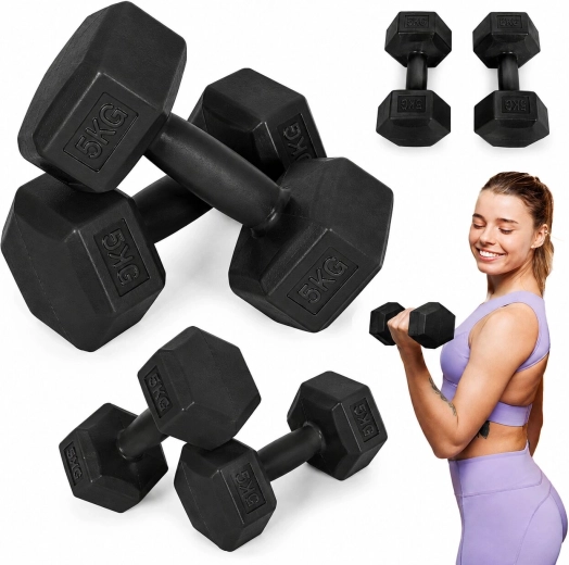 Šešiakampiai hanteliai MOVEPRO 2×5 kg (10 kg rinkinys), juodi