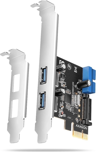 PCIe controller AXAGON with 2× USB-A and 2× internal USB 5 Gbps, UASP, low profile, SATA power