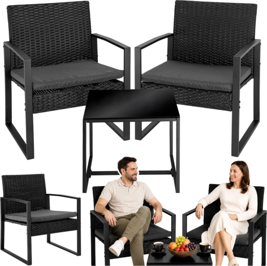 Garden rattan set: 2 chairs and a table for balcony and terrace, black