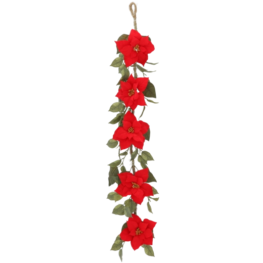 Christmas artificial garland with red poinsettia flowers 148 cm
