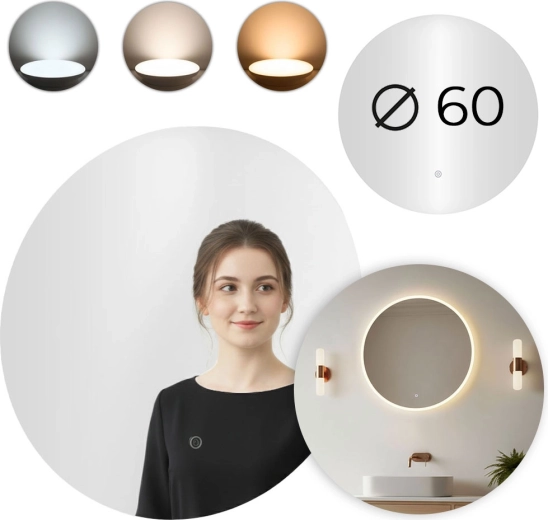 Apvalus vonios LED veidrodis 60 cm su lietiminiu jungikliu ir 3 šviesos spalvomis MODERNHOME