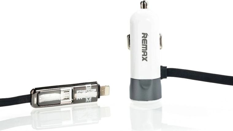 Remax automobilinis įkroviklis 3,4 A su integruotu Lightning ir micro USB kabeliu, pilkas