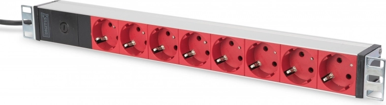 Maitinimo juosta 19″ rack'ui DIGITUS, 8× raudonos schuko rozetės, C14 įvadas, 2 m kabelis, 10 A, aliuminis