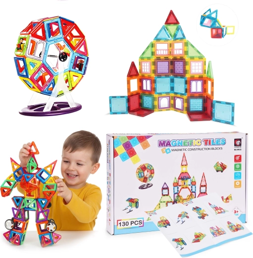 Magnetic Building Set with Cars and Trailer – 130 Pieces