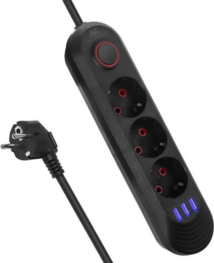 MCE394 Surge-Protected Extension Socket with USB, 3 Schuko Outlets + 3× USB, 1.5 m, Black